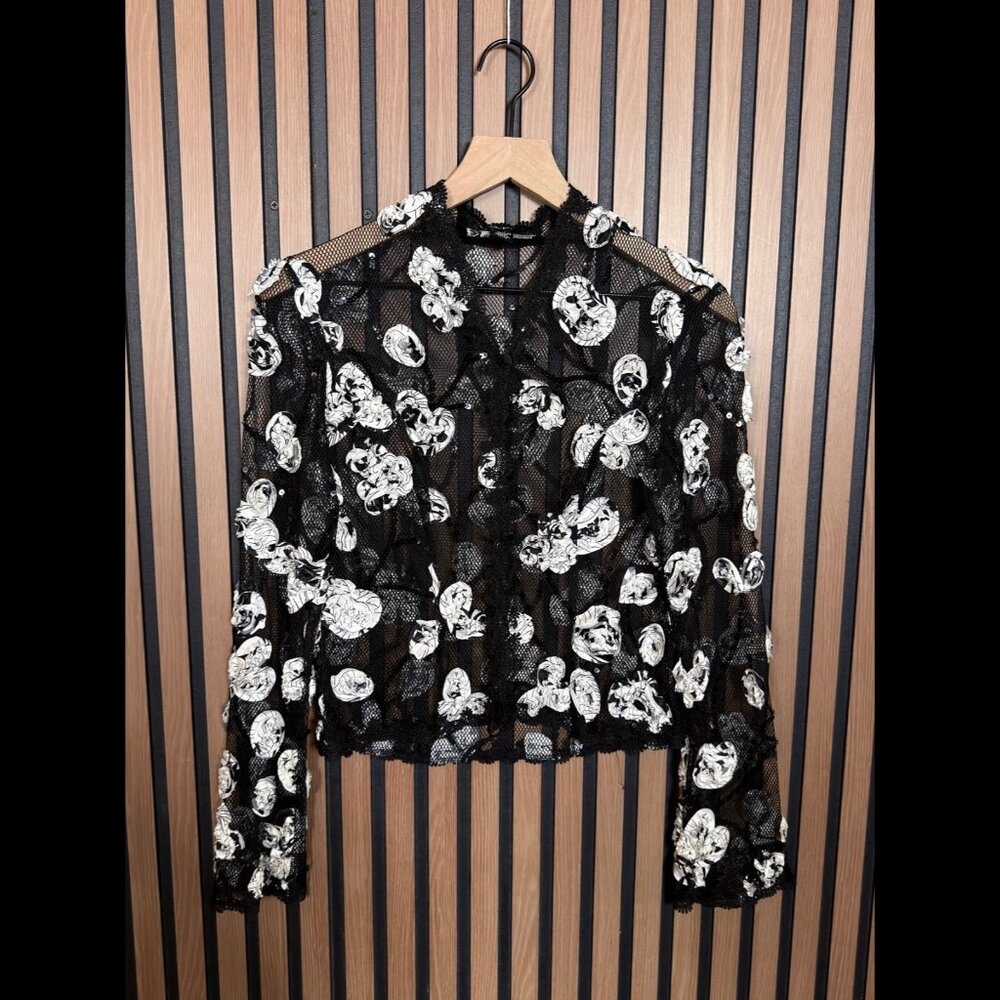 JS Boutique Top 4 Petite Womens Black Lace Long Sleeve Rose Sheer Sequin Puffed
